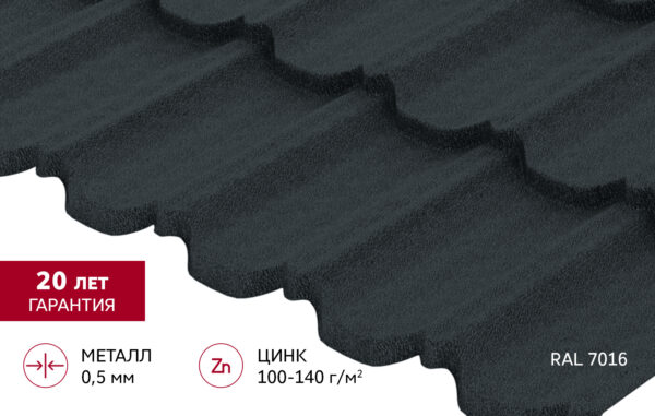 Металлочерепица "Квинта Уно" ("Kvinta Uno") 0,5 Drap RAL 7016 антрацитово-серый